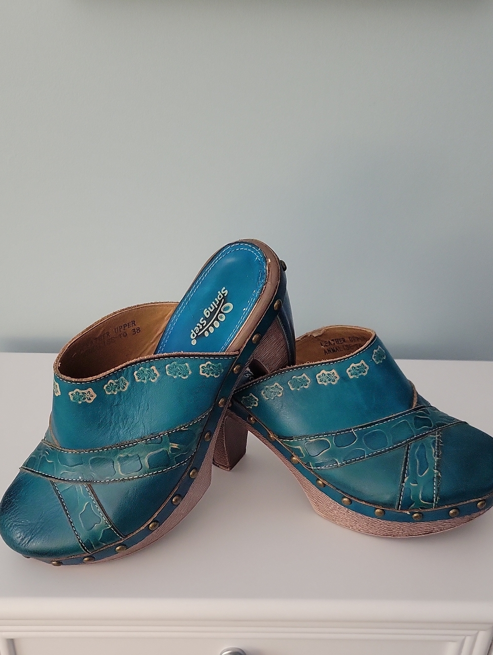 Spring Step Teal Leather Clog Mules